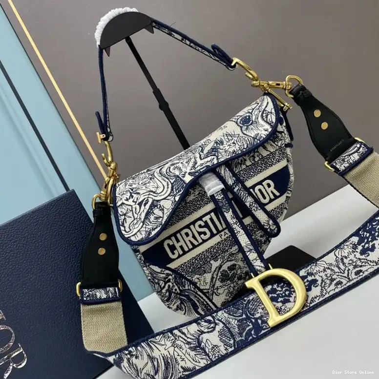 Cheap Bag Toile Motif Jouy de Canvas Dior Christian Blue Saddle 0407 Hot Sale